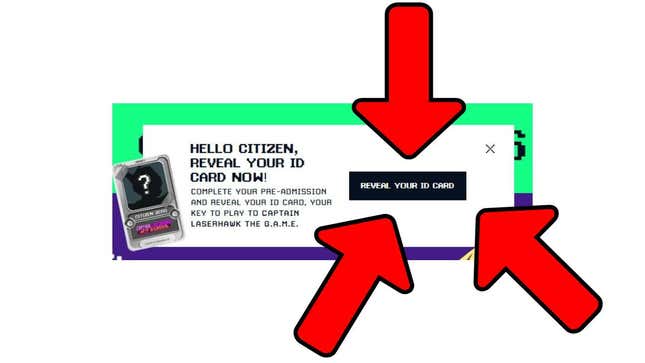 The website telling me I can 'reveal' my ID card, with big red arrows.