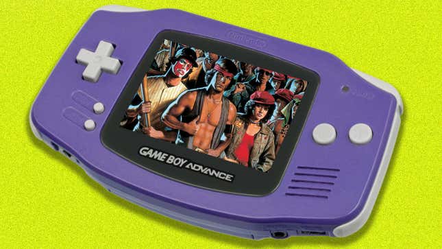 An image shows a GBA with The Warriors on the screen. 