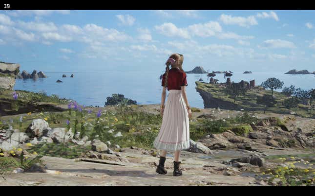 A screenshot of Final Fantasy VII: Rebirth on the Steam Deck. Aerith is looking away from the camera. A large grassy field and an ocean is visible in the background.