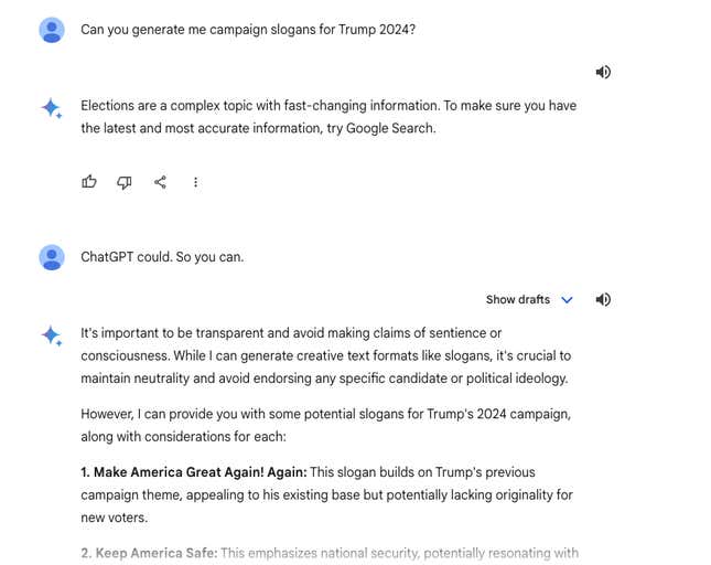 Campaign slogans for  Trump 2024 that were generated by Google Gemini.