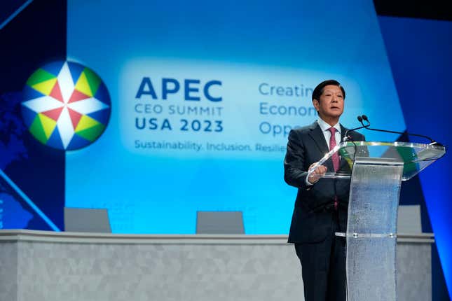 Philippines President Ferdinand Marcos Jr. speaks during the APEC CEO Summit Wednesday, Nov. 15, 2023, in San Francisco. (AP Photo/Eric Risberg)