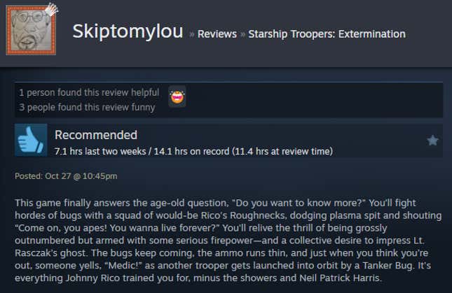 Image for article titled Starship Troopers: Extermination, As Told By Steam Reviews