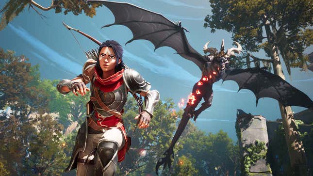 A screenshot shows a woman in armor running from a dragon in the sky. 