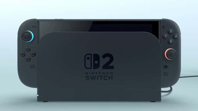 The Switch 2 is shown on a dock.