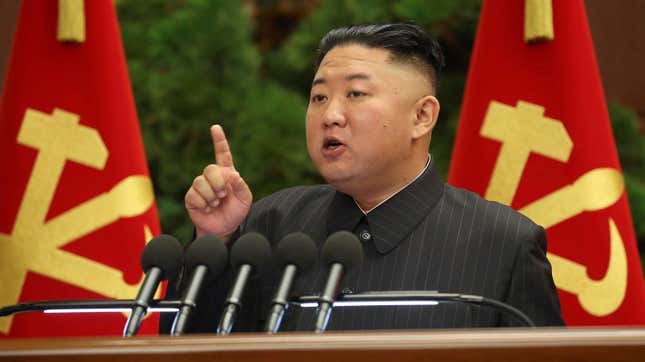 In this photo provided by the North Korean government, North Korean dictator Kim Jong Un speaks during a Politburo meeting of the ruling 
Workers’ Party in Pyongyang, North Korea on June 29, 2021.