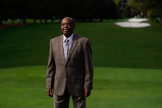 Lee Elder poses for a picture on the first tee at the Masters golf tournament Monday, Nov. 9, 2020, in Augusta, Ga. 