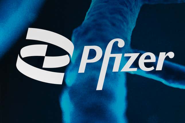 FILE - The Pfizer logo is displayed at the company&#39;s headquarters, Friday, Feb. 5, 2021, in New York. Shares of Pfizer are falling before the market opened on Monday, Oct. 16, 2023, as the company cut its full-year outlook, citing declining sales of its COVID-19-related products.(AP Photo/Mark Lennihan)