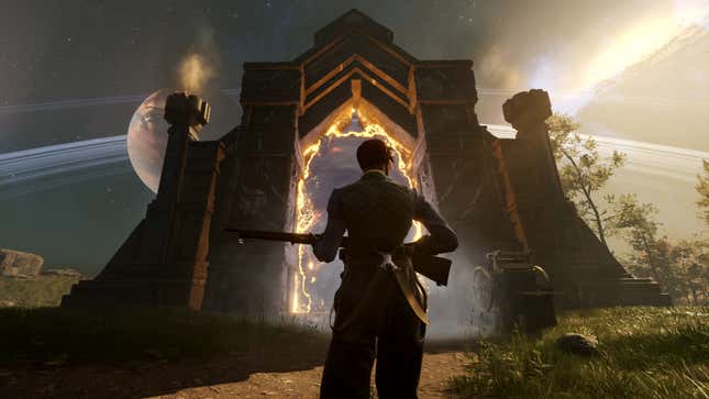 Man holding a gun stands in front of a portal