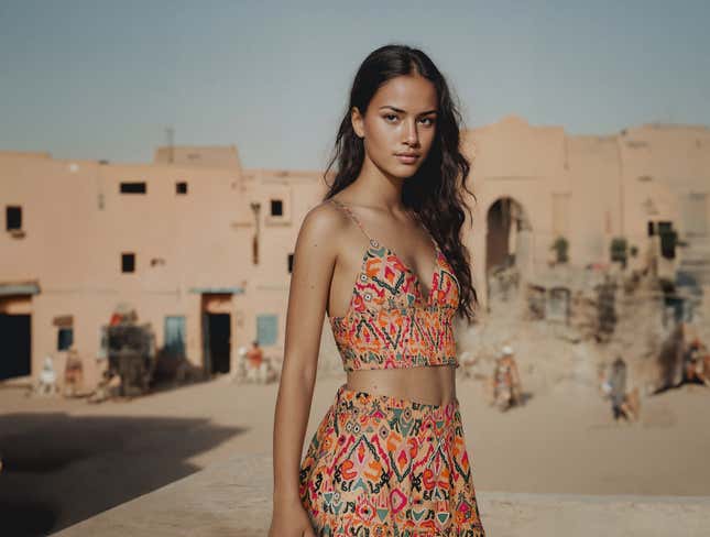 AI-generated image of teen girl wearing a colorful two-piece outfit standing in front of beige buildings in a desert-like setting