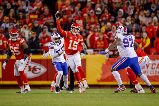 Patrick Mahomes attempting a pass against the Buffalo Bills