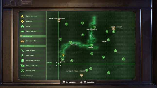 A green-colored map of the Hunting Season mission, with the player heading toward the “Village” location.