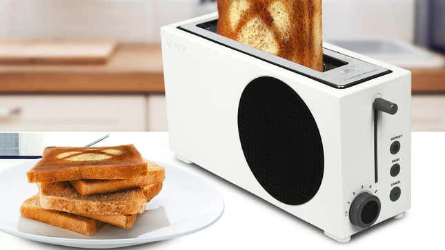 Ein Toaster der Xbox Series S mit dem Xbox-Logo auf mehreren Brotscheiben.