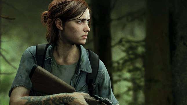 Ellie wears a concerned expression while holding a rifle. 