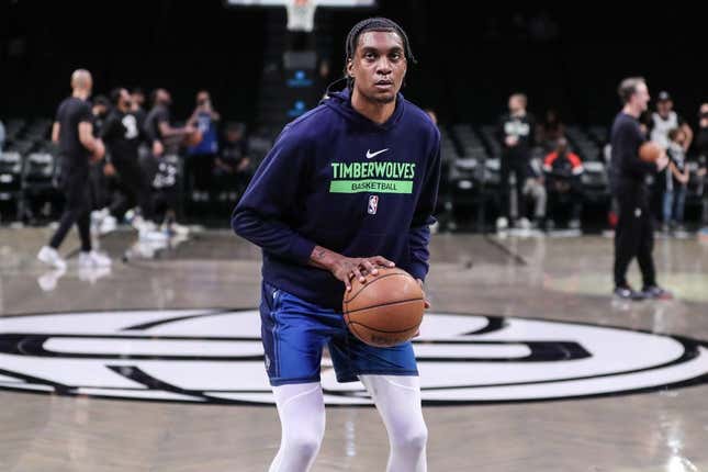 Apr 4, 2023; Brooklyn, New York, USA;  Minnesota Timberwolves forward Jaden McDaniels (3) warms up prior to the game against the Brooklyn Nets at Barclays Center.