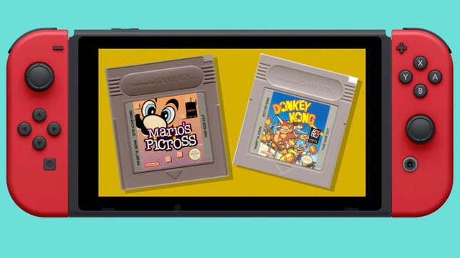 A Nintendo Switch diplays Game Boy cartridges. 