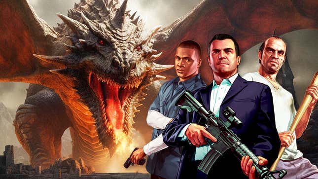 Dragon de Dragon's Dogma 2 soufflant du feu sur les personnages de GTA