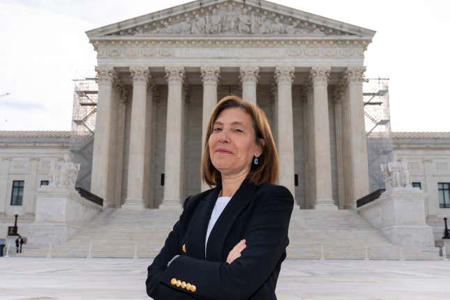 Attorney Lisa Blatt, of Williams &amp; Connolly LLP, poses for a photograph in front of the Supreme Court, Monday, April 8, 2024, in Washington. Blatt will argue her 50th case before the Supreme Court later this month. She will have argued more cases before the Supreme Court than any other woman. (AP Photo/Alex Brandon)