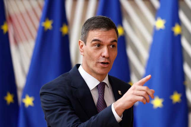 Spain&#39;s Prime Minister Pedro Sanchez arrives for a EU Summit in Brussels, Thursday, March 21, 2024. European Union leaders are gathering to consider new ways to help boost arms and ammunition production for Ukraine. Leaders will also discuss in Thursday&#39;s summit the war in Gaza amid deep concern about Israeli plans to launch a ground offensive in the city of Rafah. (AP Photo/Omar Havana)