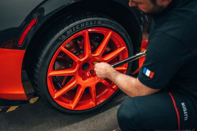 Rear wheel of the black and orange Bugatti W16 Mistral World Record Car