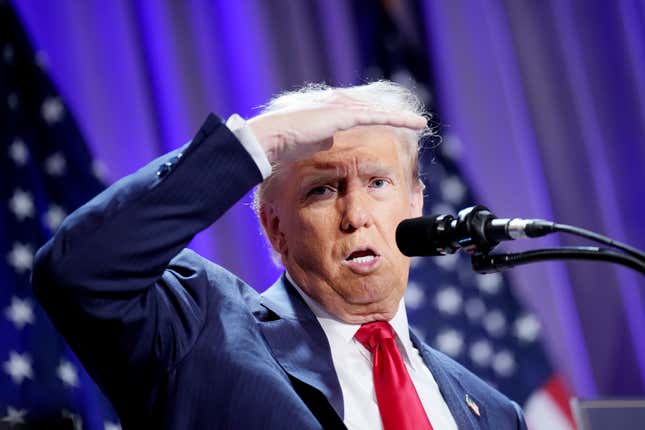 WASHINGTON, DC -  NOVEMBER 13: U.S. President-elect Donald Trump speaks at a House  Republicans Conference meeting at the Hyatt Regency on Capitol Hill on  November 13, 2024 in Washington, DC. As is tradition with incoming  presidents, Trump is traveling to Washington, DC to meet with U.S.  President Joe Biden at the White House as well as meet with Republican  congressmen on Capitol Hill. 
