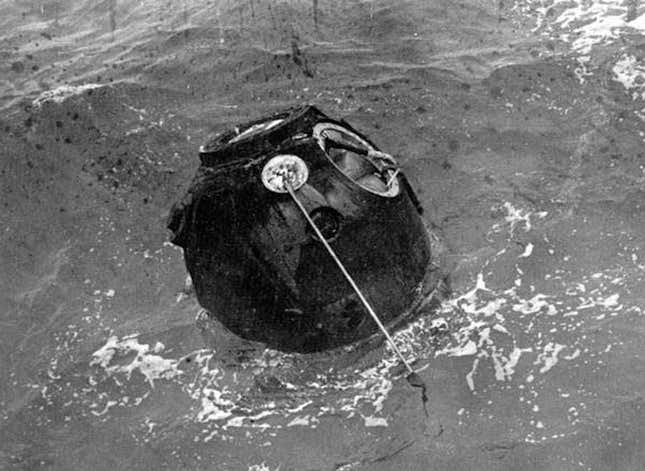 The Soviet Zond 5 capsule after splashdown.