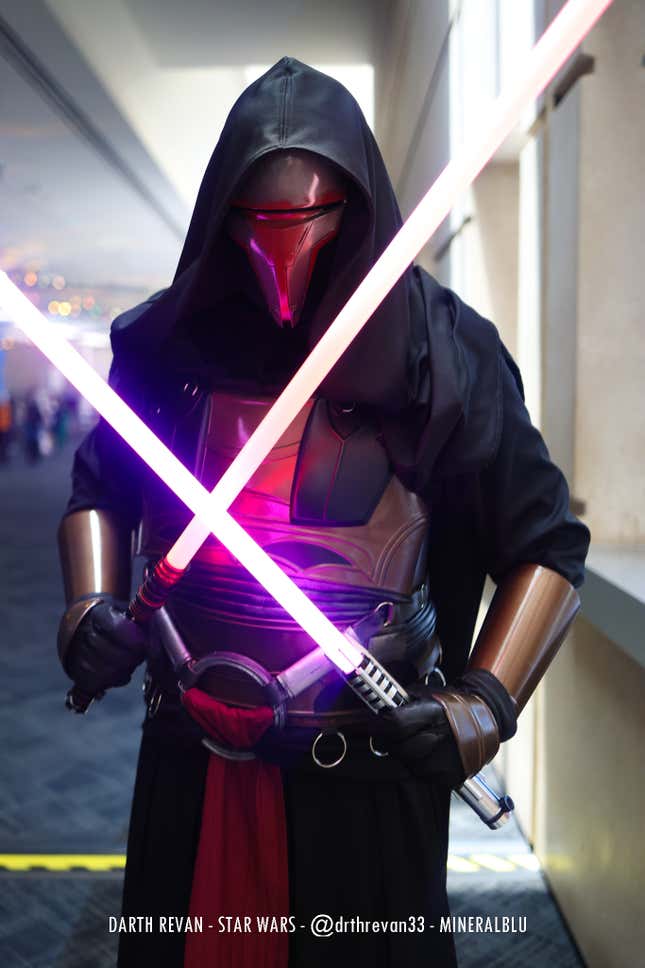 Darth Revan wields two sabers.