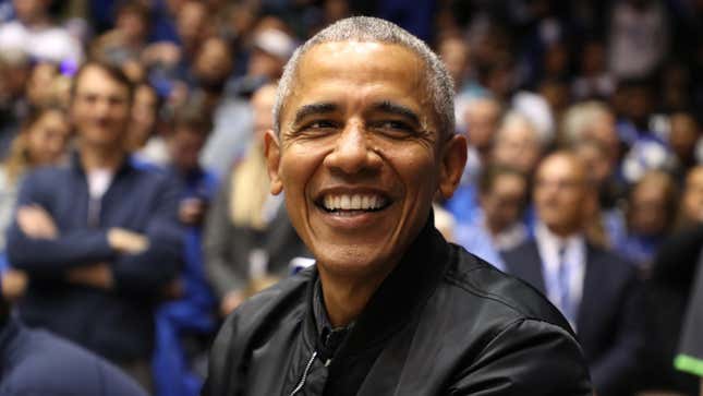 Barack Obama watches a game between the North Carolina Tar Heels and Duke Blue Devils at Cameron Indoor Stadium on February 20, 2019 in Durham, North Carolina.