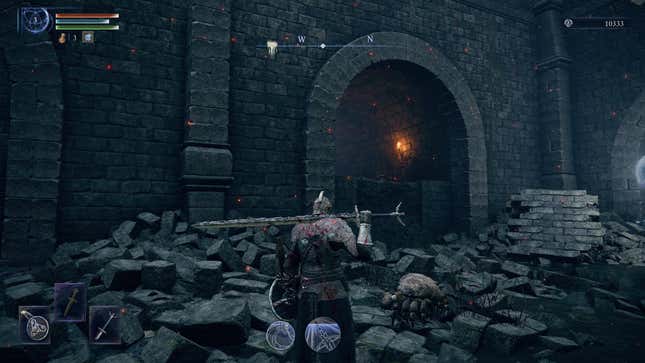 The player character stands in the middle of stone rubble.
