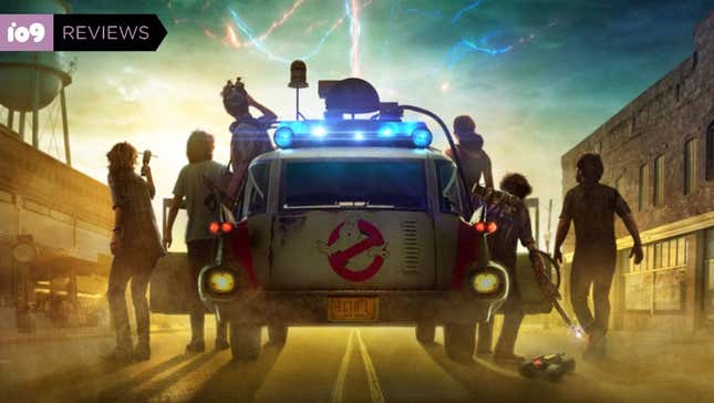 A crop of a poster for Ghostbusters Afterlife featuring the back of Ecto 1 with the new ghost hunting kids stepping out of it.
