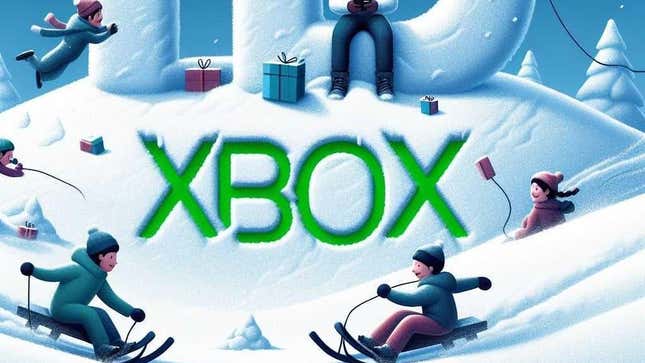 AI-generated children sled down a hill of snow beside an Xbox logo. 