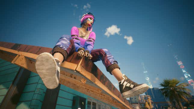 V sits on a rooftop of a building on the outskirts of Night City.