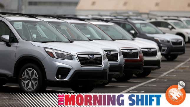 RICHMOND, CALIFORNIA - MAY 14: Brand new Subaru cars sit in storage lot at Auto Warehouse Co. on May 14, 2021 in Richmond, California. New cars are becoming hard to find and the prices have surged as dealerships are having trouble with inventory due to the global chip shortage and global supply chain issues brought on by COVID-19-related complications.
