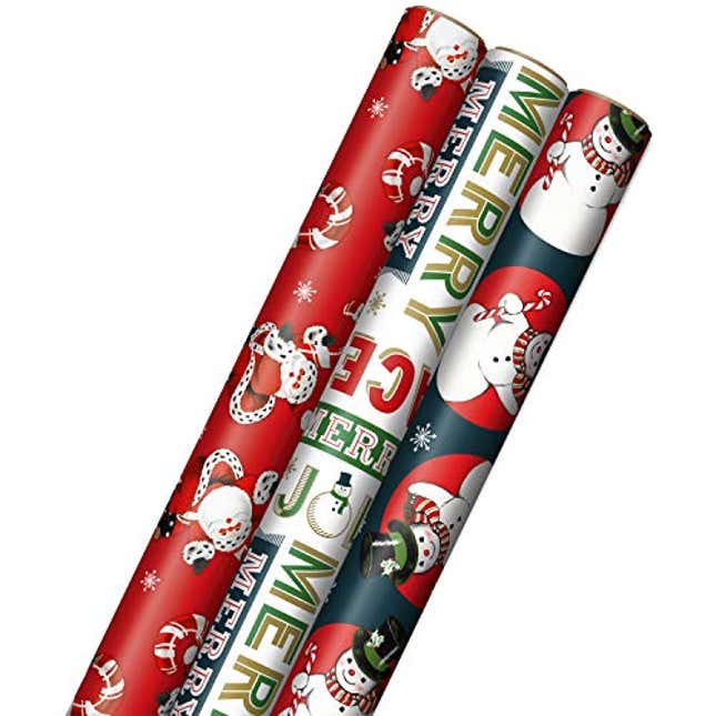 Image for article titled Hallmark Vintage Christmas Wrapping Paper Cut Lines on Reverse (3 Rolls: 120 sq. ft. ttl) Dancing Santas, Now 20% Off