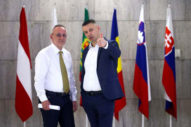 Minister of Security Nenad Nesic gives a thumbs up after the session of Council of Ministers of Bosnia and Herzegovina in Sarajevo, Bosnia-Herzegovina, Tuesday, March 12, 2024. The European Union&#39;s executive arm will recommend that member countries open accession negotiations with Bosnia-Herzegovina, European Commission President Ursula von der Leyen said Tuesday, despite lingering ethnic divisions in the Western Balkan country. (AP Photo/Armin Durgut)