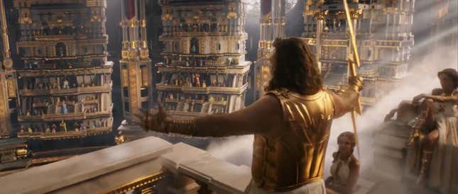 Russell Crowe as Zeus before a sci-fi Olympian audience