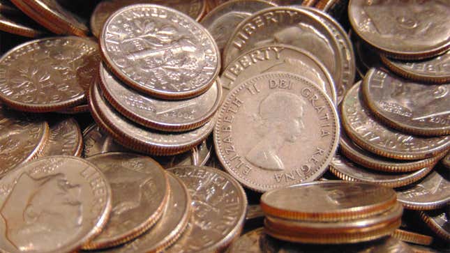 A big pile of American dime coins. 