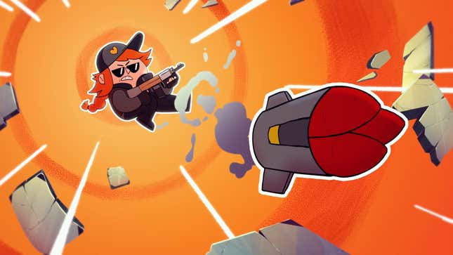 A screenshot from the SMOL trailer shows a cartoon cop shooting a missile. 