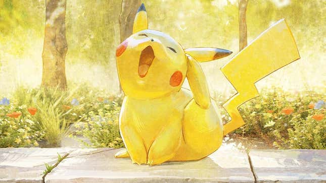 The winning entry, Pikachu scratching his ear with a bag leg, in front of some flowers.