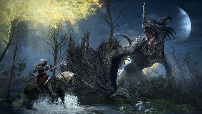 An Elden Ring character rides horseback in a swamp as a dragon-like creature aggressively roars at them .