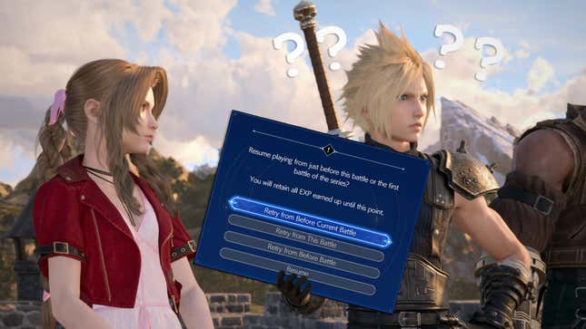 Cloud holds up a set of menu options with questionmarks over his head while Aerith looks at him.