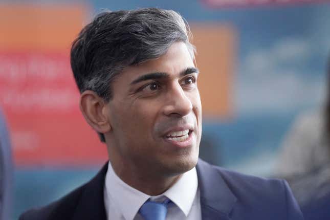 Britain&#39;s Prime Minister Rishi Sunak attends a visit to an engineering firm in Barrow-in-Furness, England, Monday, March 25, 2024. (Danny Lawson/PA via AP)