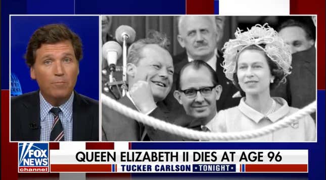 Image for article titled Tucker Carlson Stans Queen Elizabeth II, Claps Back at Those Celebrating Her Death