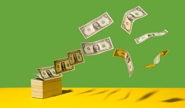 Stack of US $1 bills with bills flying away on yellow shelf, green background