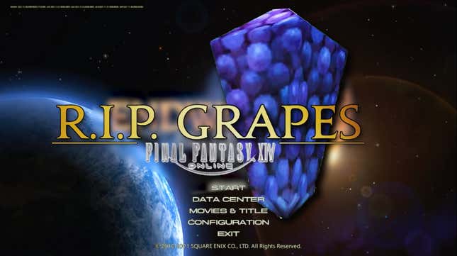 Text reading "R.I.P. Grapes" is written across the start screen of FFXIV.
