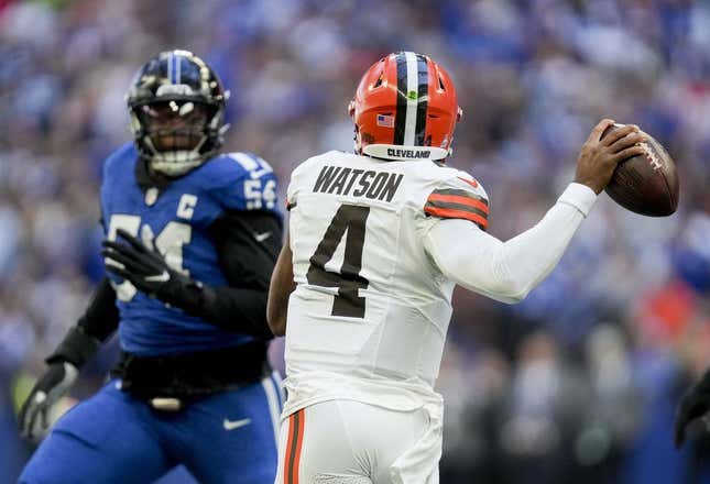 Oct 22, 2023; Indianapolis, Indiana, USA; Cleveland Browns quarterback Deshaun Watson (4) looks to throw downfield during a game against the Indianapolis Colts at Lucas Oil Stadium.