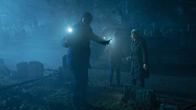 Mike Colter as Father David Acosta, Aasif Mandvi as Ben Shakir, and Katja Herbers as Kristen Bouchard in Evil season four.
