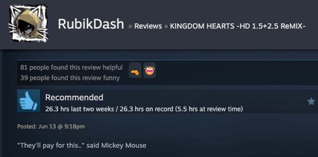 A Steam review reading "'They'll pay for this..' said Mickey Mouse"