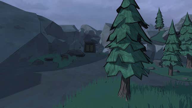 A screenshot of Blue Prince. An outdoor area is pictured, with a closed door to a mine shaft visible in the distance.