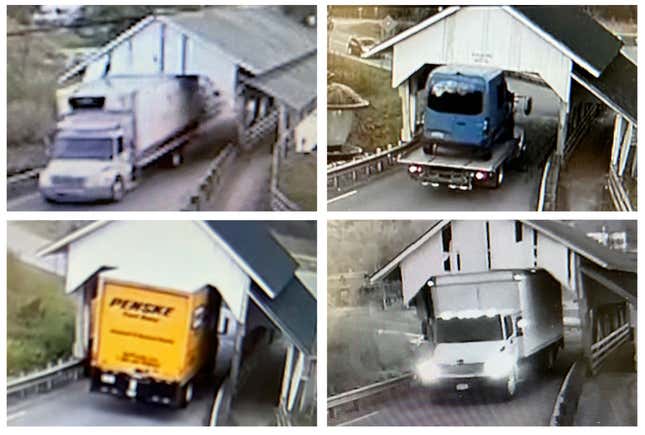 This selection of undated still frames from security video camera footage provided by Michael Grant shows a variety of oversized box trucks crashing through the historic Miller&#39;s Run covered bridge in Lyndon, Vt. Over the years, truck drivers have failed to notice the height warning signs leading to the bridge. (Michael Grant via AP)