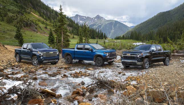 The 2023 Chevrolet Silverado, featuring the  2023 Chevrolet Silverado 1500 High Country (left), ZR2 (middle) and LT (right).